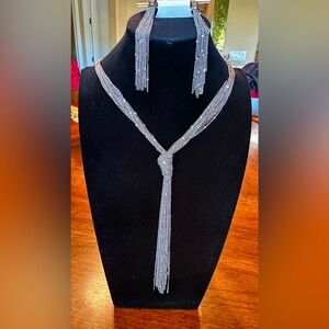 Matching Set Silvertone long 26” Necklace and Earrings. Pierced wire dangle NWT.